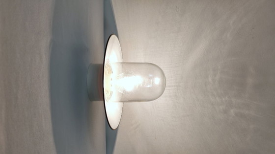 Image 1 of Vintage Industrial Enamel Wall Sconce / 1970s Yugoslavia TEP Era Flush Mount Ceiling Light / Clear Glass Capsule Lamp 