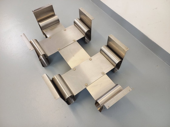 Image 1 of Large rectangular coffee table by François Monnet, vintage Space Age style, in steel and smoked glass from the 1970s