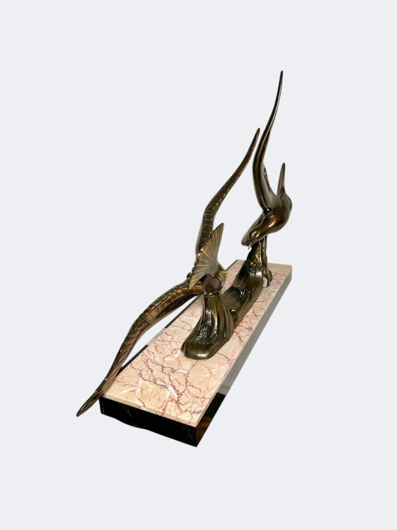 Image 1 of Art Deco Flight of Seagulls Spelter Statue - French Flying Sea Birds Patinated Cast Metal Figures on Marble Base 