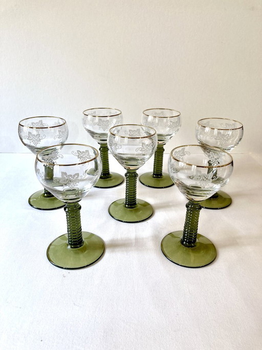 7 Roemer Alsace wine glasses, moss green stepped stems and gold rim