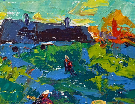 Image 1 of Original Oil Painting Summer House Landscape Work in the Garden