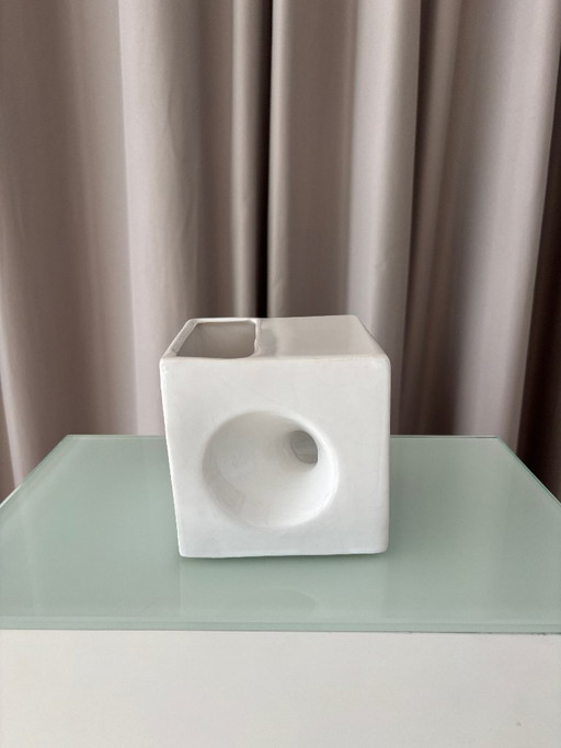 Vintage Minimalist Studio Pottery Cube Vase – White Ceramic