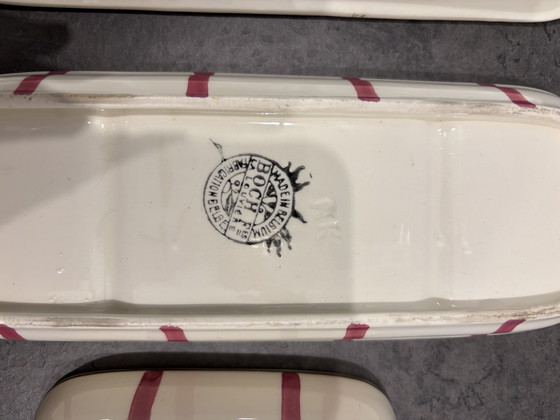 Image 1 of Vintage Boch Frères La Louvière Belgian Bathroom Set — Pink Polka Dot & Stripe