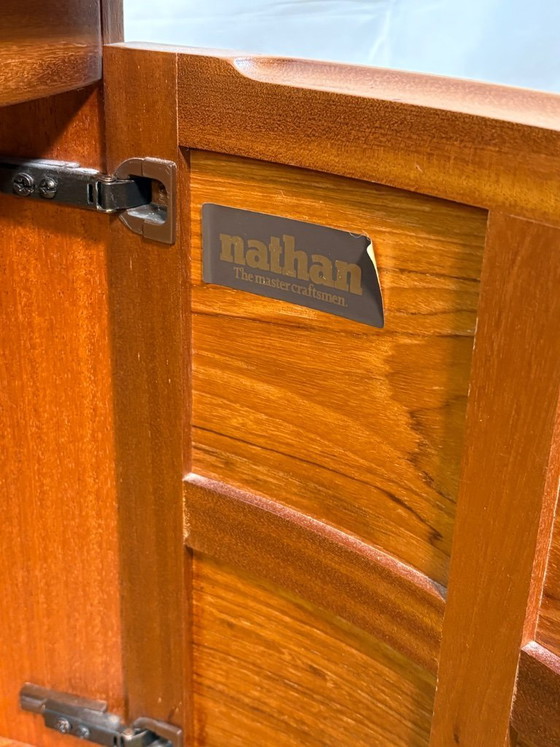 Image 1 of Mid-Century Retro Vintage Teak Corner Cabinet by Nathan Furniture 1970  “Squares” Range • Curved Doors • Compact Danish-Inspired