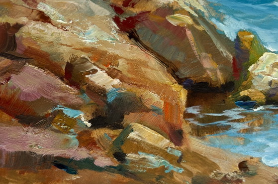 Image 1 of Original Oil Painting Sea Rock Landscape Sailboats on the sea horizon