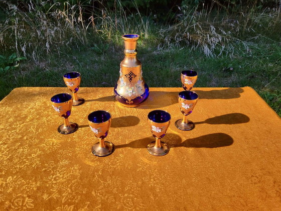 Vintage Murano Handmade Decanter Set Cobalt Blue Decanter Set - 24K Gold 7 Pc's, Glass & Decanter, Glass (photo 4 of 10)