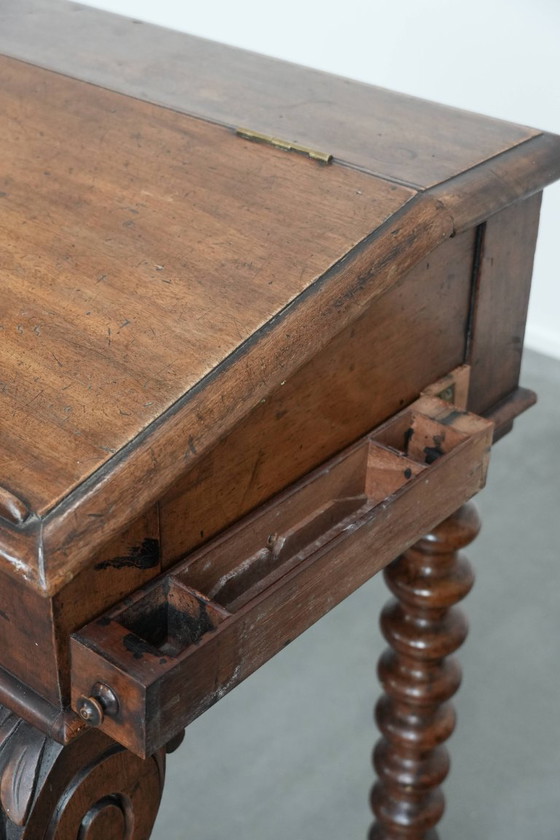 Image 1 of 19th century English antique oak wall desk/writing table on castors