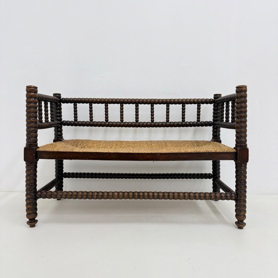 Wooden bench with bobbin legs and rush seat, Benches, Other, Brown, Vintage (photo 12 of 13)