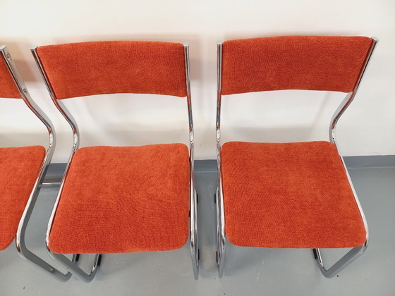 Image 1 of Suite of 4 vintage cantilever chairs in chromed metal and fabric from the 70s