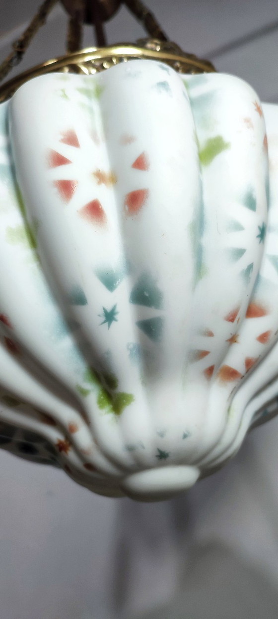 Image 1 of Art Nouveau plafondlamp van messing en glas. Spanje, jaren 1930.