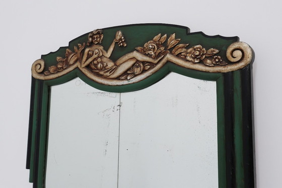 Image 1 of Miroir sculpté vert Art déco français, années 1930