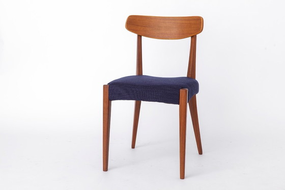 Image 1 of Set of 3 Danish Teak Chairs 1960s, Vintage Mid Century Dining Chairs, Dark Blue Upholstered Seats