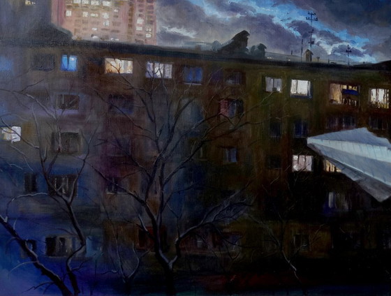 Original Ölgemälde Moderne Kunst Symbolismus Nachtstadt Neujahr – Gemälde & Zeichnungen, Canvas (photo 6 of 7)