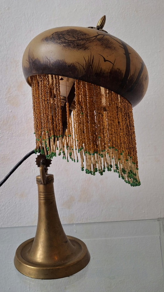 Image 1 of Antique Signed Reverse Painted Bronze Table Lamp, 1910-20