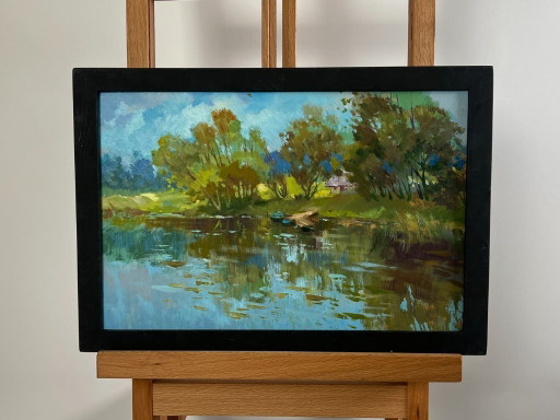 Original Oil Painting Summer River Landscape A quiet ferryman in the village