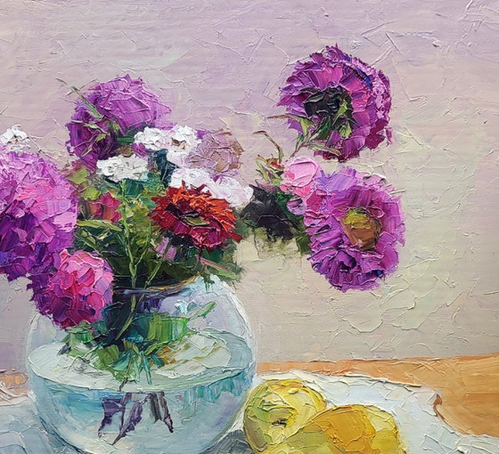 Image 1 of Peinture à l'huile originale Nature morte Asters dans un vase sur une table
