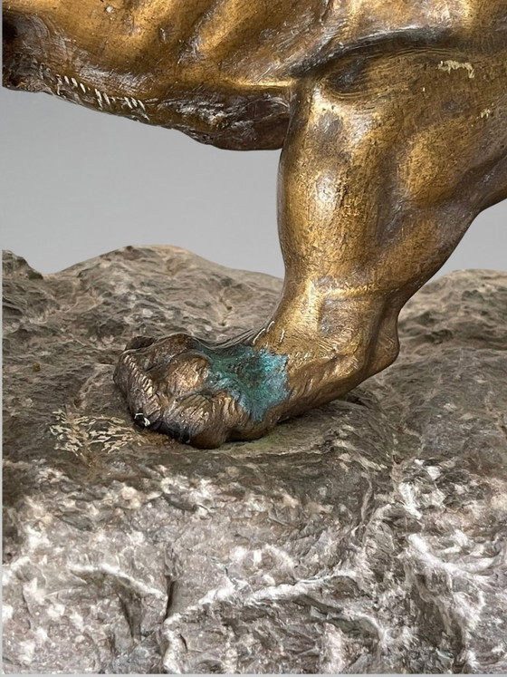 KRAKOWKI — León rugiendo sobre su roca, importante Esculturas de bronce artístico y roca (28,3 kg) – Stone (photo 15 of 21)