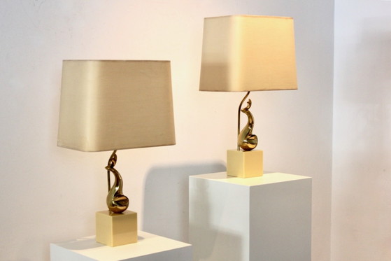 Pair of Exclusive Philippe-Jean Brass Art Sculpture Table Lamps, signed, Marble, Mid Century Modern (photo 14 of 14)