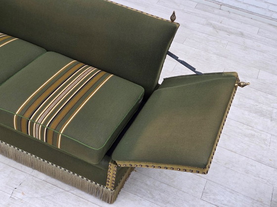 1970s, Danish 2-seater drop arm "Spanish" sofa, furniture wool. – 2 seaters, Wood (photo 15 of 20)