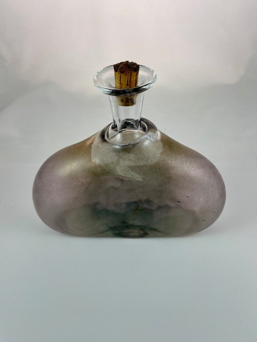 Art Glass Decanter – Attributed to Erik Höglund – Swedish Design – Frosted Brown & Clear Glass – Sculptural Bottle with Cork – S