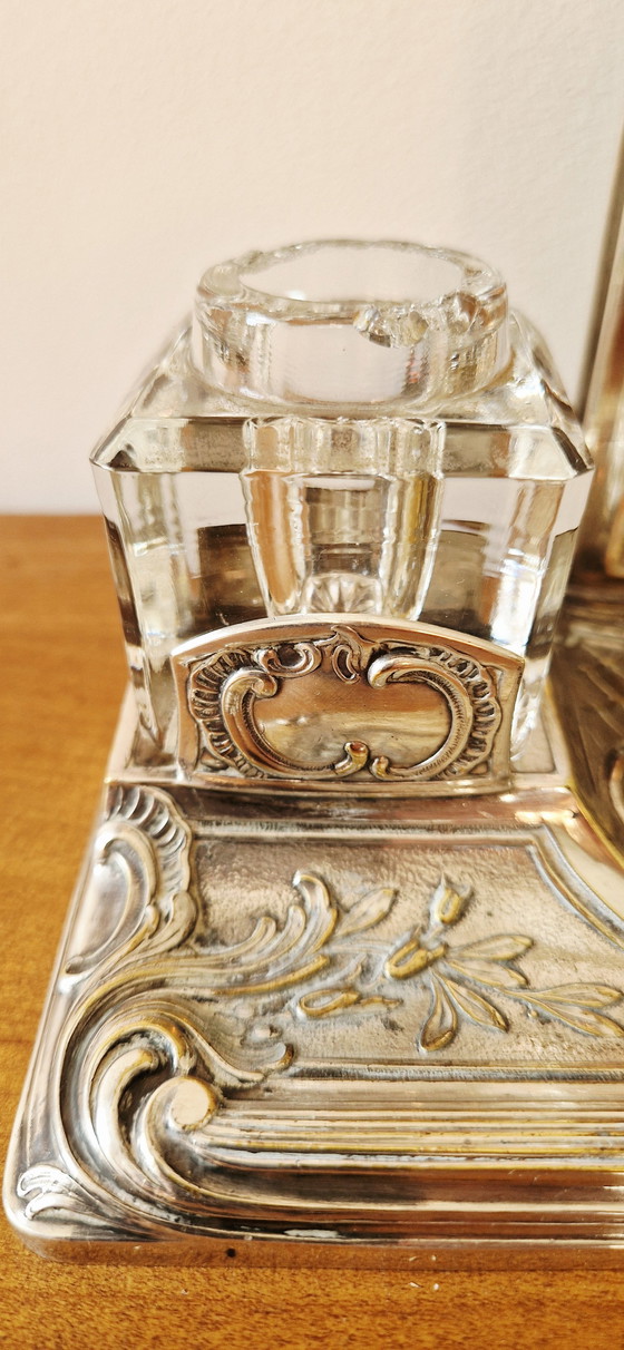 Image 1 of Mail holder with inkwell mirror-Silver-plated metal- 1900's