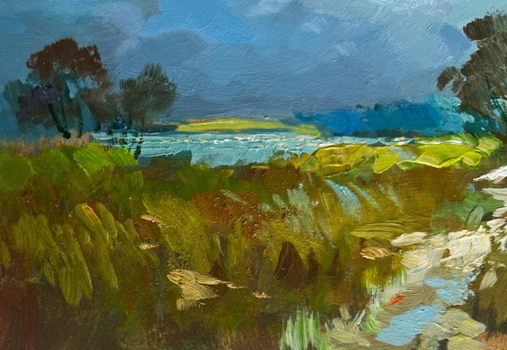 Image 1 of Original Oil Painting: Summer Field Landscape in the Flower Field