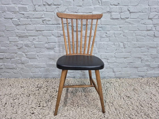 Image 1 of Vintage Design Set of Three Spindle-Back Kitchen Chairs – Teak Wood with Black Leatherette Upholstery, Scandinavia, 1960s