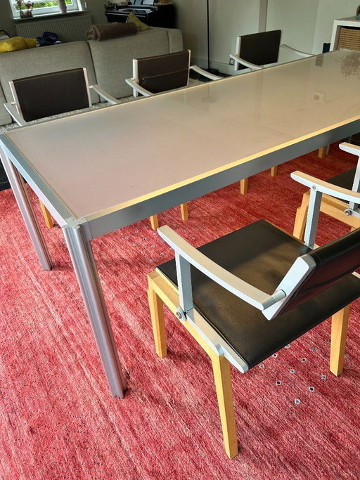 Exclusive Italian Dining Set: 6x Giorgetti Chairs (Adjustable) + Acerbis Frosted Glass Dining Table