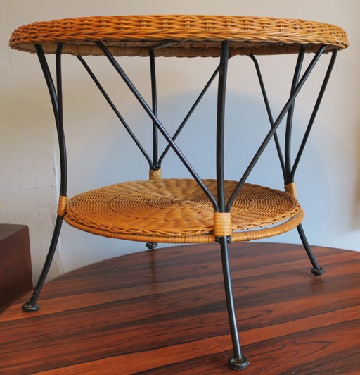 Mid Century Iron and Rattan 2-Level Coffee or Side Table, 1960s