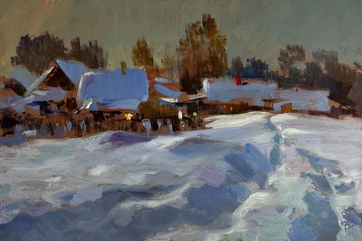 Pintura al óleo original Paisaje de pueblo invernal Grandes ventisqueros cayeron