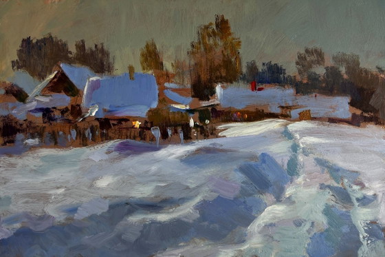 Image 1 of Original Oil Painting Winter Village Landscape Large snow drifts fell
