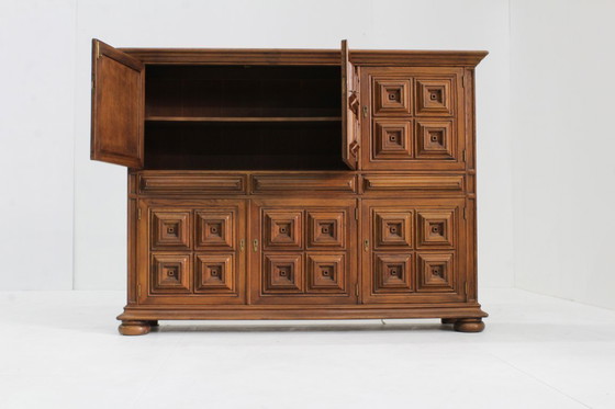 Image 1 of Vintage Spanish Brutalist high cabinet in carved solid wood