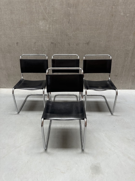 Image 1 of 4x Mart Stam S33 Stühle, FASEM Chrom und Sattelleder, Italien '70