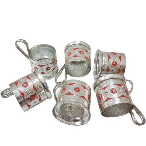 Image 1 of Set Podstakannik russo d'epoca (epoca URSS) - Set di 6 porta bicchieri da tè