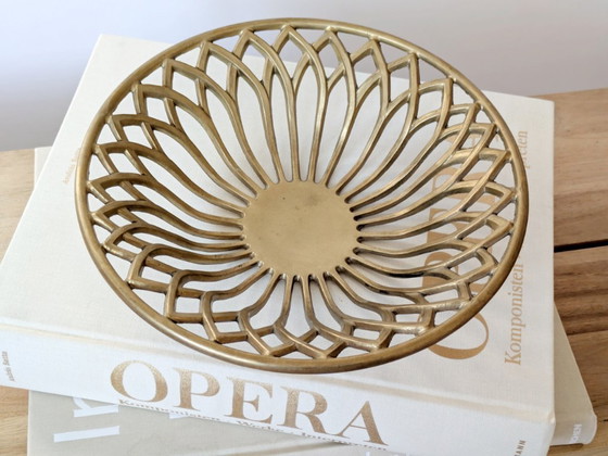 Image 1 of 1960s Midcentury Openwork Floral Decorative Bowl, Heavy Solid Brass Centerpiece
