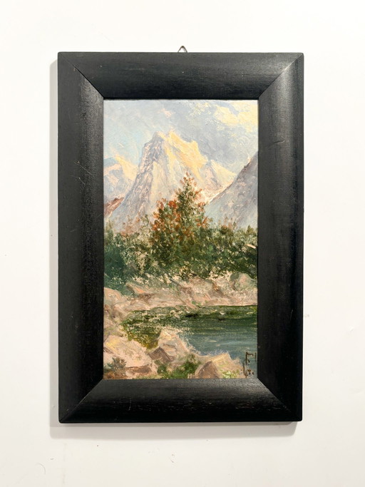 1940s Mountain Landscape Oil Painting on Board – schilderijen tekeningen