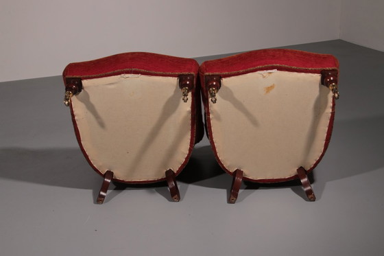 Image 1 of Pair of French Red fabric Button Back Armchairs 