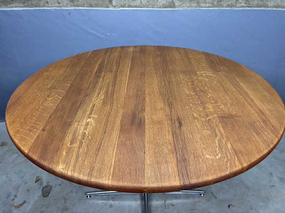 Image 1 of Round oak dining table with chrome base, vintage