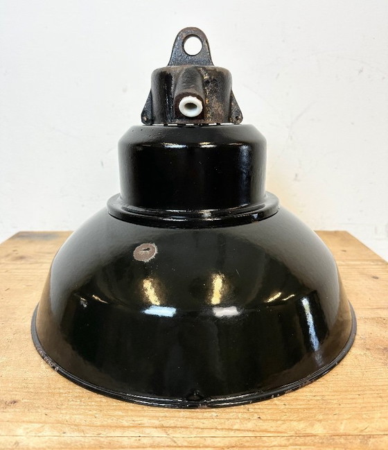 Image 1 of Industrial Black Enamel Factory Lamp with Cast Iron Top, 1960s