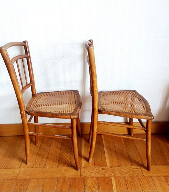 2x caned bistro chairs circa 1940, Dining chairs, Wood, Rattan, Brown, Vintage (photo 3 of 13)