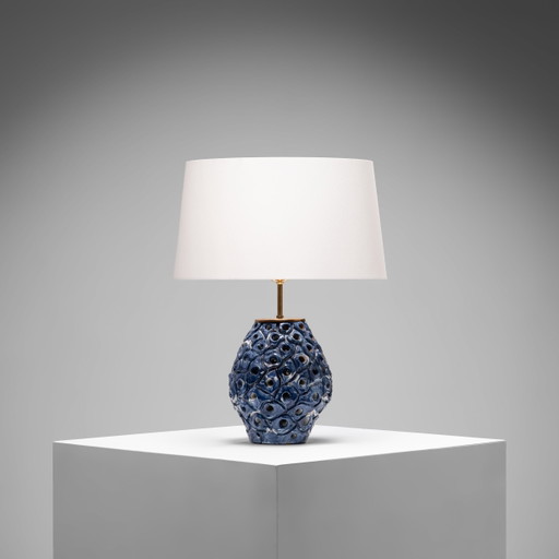 Perforierte blau-weiß glasierte Steingut Tischlampe Dänemark, 1960er Jahre