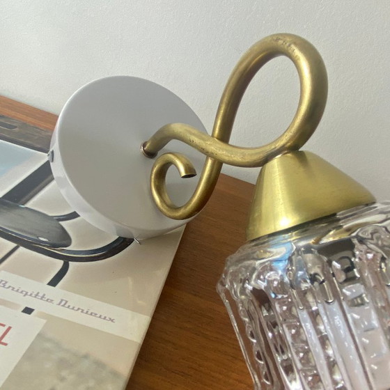 Image 1 of Coppia di applique a collo d'oca in ottone con paralumi a tulipano in vetro trasparente