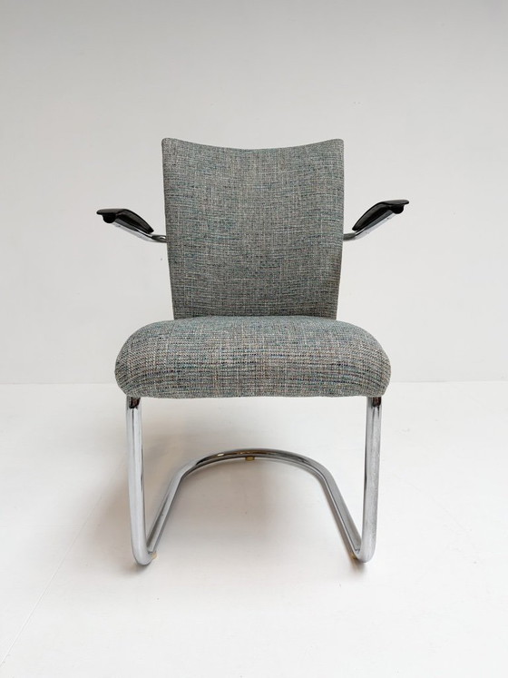 Set di 2 sedie a struttura tubolare Dutch Design De Wit, anni '50, Toon de Wit, Poltrone, Cromo, Tessile (foto 14 di 15)