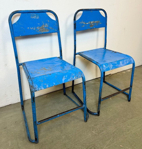 Image 1 of Blauwe industriële ijzeren stoelen, set van 2, jaren 50
