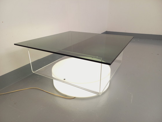 Image 1 of Square illuminated vintage Italian coffee table in glass and Plexiglas in the Space Age style of the '70s
