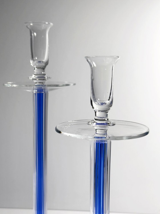 Image 1 of Glas Kerzenständer Set IVV Italien Postmodern Industria Vetraria Valdarnese Ultramarin Blau 80er 90er Memphis Milano
