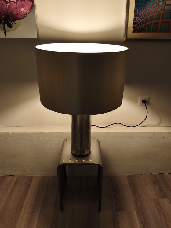 Importante lampada di design cilindrica cromata Italia anni '70, Lampade da tavolo, Metallo, Argentato (foto 10 di 12)