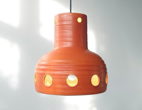 Image 1 of Oranje keramieken Mobach hanglamp, west germany fat lava stijl, vintage aardewerken oranje lamp