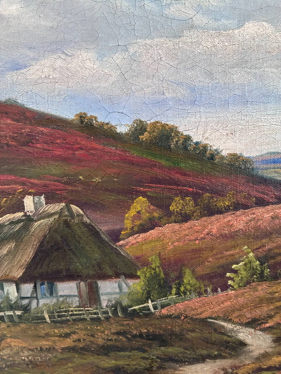 Image 1 of Peinture à l'huile originale ancienne représentant un paysage de campagne, signée.