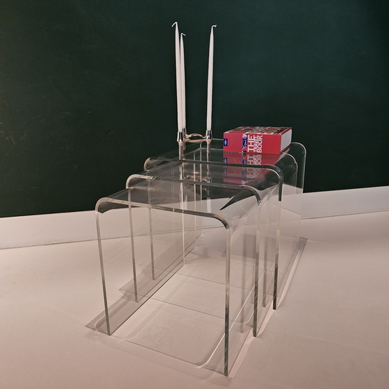 Image 1 of Set Of 3 Vintage Plexiglass Side Tables: Translucent Curved Acrylic Glass Tables, Perspex, Transparent, Mid - Century, Space Age